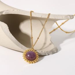 18k Gold Plated Purple Semi-precious Stone Pendant Necklace Stainless Steel Jewelry Women's Vintage Pendant