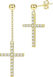 S925 Sterling Cross Dangle Drop Stud Earrings 14K Gold Plated Pendant Chain Earrings For Women Men Cubic Zirconia Cross Earrings Punk Jewelry