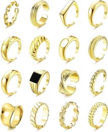 16 Pcs Thick Dome Chunky Rings for Women Adjustable Rings Knuckle Stackable Open Finger Thumb Rings Minimalist Statement Rings Set
