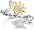 You are My Sunshine Ring 18K Gold Plated Sterling Sunflower Open Band Rings for Women Adjustable Size 9