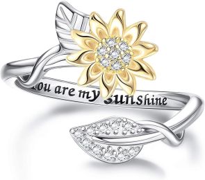You are My Sunshine Ring 18K Gold Plated Sterling Sunflower Open Band Rings for Women Adjustable Size 9