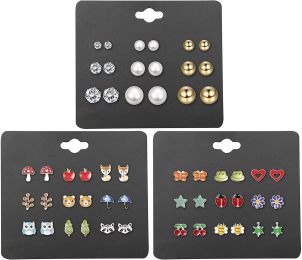 27 Pairs Multiple Stud Earrings for Women Girls Cute Animal-Face Crystals and Faux Pearl Earrings Set