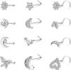 12Pcs 20G Stainless Steel Nose Rings Stud L Shape Moon Star Butterfly Flowers Snowflake CZ Nose Body Piercing Ring for Women Men