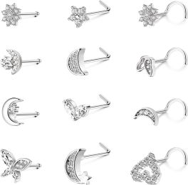 12Pcs 20G Stainless Steel Nose Rings Stud L Shape Moon Star Butterfly Flowers Snowflake CZ Nose Body Piercing Ring for Women Men