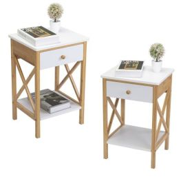 Bamboo Nightstand, Wood End Table with Drawer, Storage Shelf, X-Shape Frame, Side Table for Living Rooms, Bedrooms, Offices XH