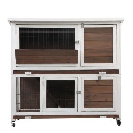 2-Tier Wooden Rabbit Hutch with Wheels, Indoor/Outdoor Pet House with Removable Tray