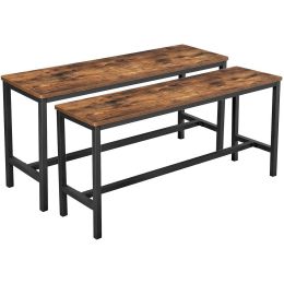 Wooden Top Indoor Bench with Metal Legs; Set of 2; Rustic Brown and Black; DunaWest