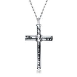 Sterling Silver Baseball Bat Cross Sports Strength Bible Verse Christian Faith Necklace for Men