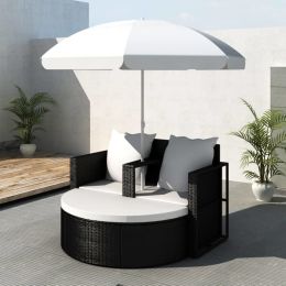 vidaXL Patio Bed with Parasol Black Poly Rattan