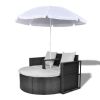 vidaXL Patio Bed with Parasol Black Poly Rattan