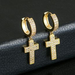 Double Row Zircon Cross Earrings Micro-set Zircon Hiohop Personalized Men's Earrings (Color: BESES034-gold)
