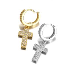 Double Row Zircon Cross Earrings Micro-set Zircon Hiohop Personalized Men's Earrings (Color: BESES034-silver)