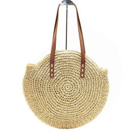Wholesale Hand Knitted Round Straw Beach Bag (Color: Beige 1)