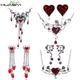 Gothic Necklace Earrings Set for Women Punk Jewelry Sets Red Crystal Heart Rose Choker Tassel Earring Halloween Party Jewelry (Metal Color: A earrings)