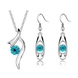 Wholesale Rhinestone Pendant Necklace Earrings Fashion Jewelry Set (Color: crystal blue)