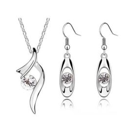 Wholesale Rhinestone Pendant Necklace Earrings Fashion Jewelry Set (Color: White)