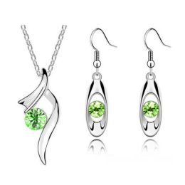 Wholesale Rhinestone Pendant Necklace Earrings Fashion Jewelry Set (Color: Green)