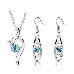 Wholesale Rhinestone Pendant Necklace Earrings Fashion Jewelry Set (Color: oceanblue)