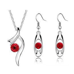 Wholesale Rhinestone Pendant Necklace Earrings Fashion Jewelry Set (Color: Red)