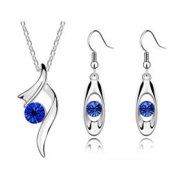 Wholesale Rhinestone Pendant Necklace Earrings Fashion Jewelry Set (Color: darkblue)