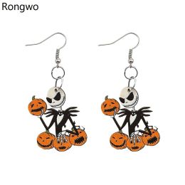 Rongwo Cartoon Halloween Theme Drop Earrings Nightmare Ghost Jack Skull Pumpkin Horror Wood Pendant Dangle Earring for Women (Metal Color: Style2)