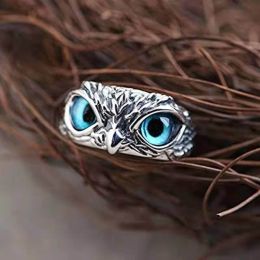Owl Multicolor Eye Ring Vintage Open Adjustable Rings (Color: Blue Eyes)