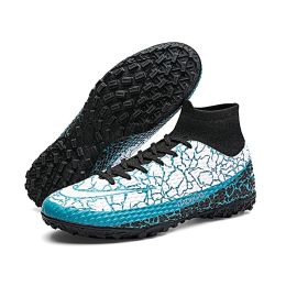 Plus Big Size 35-48 High Ankle Couple Sneaker Men TF Profession Football Chaussure Kids Outdoor Cleats Short Spikes Soccer Shoes (Color: Blue)