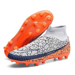 Plus Big Size 35-48 High Ankle Couple Sneaker Men TF Profession Football Chaussure Kids Outdoor Cleats Short Spikes Soccer Shoes (Color: Sky Blue)