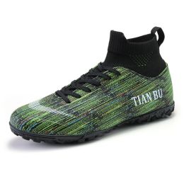 Plus Big Size 35-48 High Ankle Couple Sneaker Men TF Profession Football Chaussure Kids Outdoor Cleats Short Spikes Soccer Shoes (Color: Green)