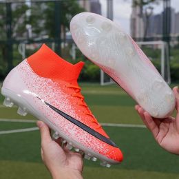 New Football Shoes Man Soccer Boots Artificial Grass Original Superfly High Ankle Kids Shoes Crampons Outdoor Sock Cleats Shoes (Color: Sky Blue)