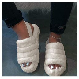 Women Fur Wedge Slippers with Ankle Elastic Band Open Toe Winter Slides Home Slipper Plush Slip-on Fluffy Warm Indoor Slippers Comfortable (Color: beige, size: 37)