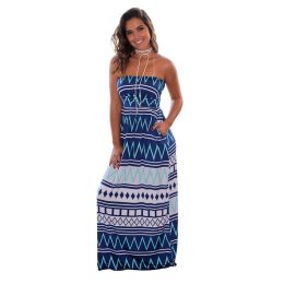 Casual Printed Strapless Maxi Dress (Color: Blue, size: L)
