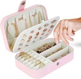 Jewelry Organizer Jewelry Box for Women Double Layer Travel for Necklace Earring Rings PU Leather Jewelry Holder Case (Color: Pink)