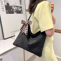 New all-match women's casual checkerboard canvas large-capacity shoulder bag (Color: Black)