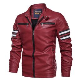 New Mens Motorcycle Bomber Jackets Male Autumn Winter PU Leather Slim Fit Biker Jacket Coat Man Faux Coats Outdoor (Color: MG9018Red, size: M)