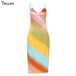 Yiallen New Multicolor Print Midi Dress Women V-Neck Spaghetti Sleeveless Slim Stretch Bodycon Streetwear Party Vacation (Color: MULTI, size: S)