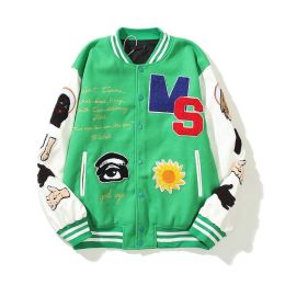 Vintage Casual Baseball Jacket Men's Furry Letters Embroidery Patchwork Streetwear Hip Hop College Style Unisex Varsity Jackets (Color: Green, size: M)