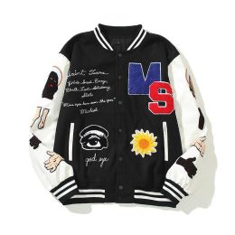 Vintage Casual Baseball Jacket Men's Furry Letters Embroidery Patchwork Streetwear Hip Hop College Style Unisex Varsity Jackets (Color: Black, size: M)