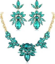 Statement Set Rhinestone Boho Vintage Leaf Necklace and Earrings for Women (default: default)