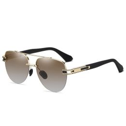 Polarized Men's Large Frame Frameless Sunglasses (Color: Gold Frame Gradient Tea)