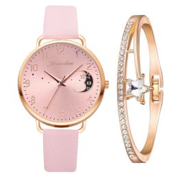 Ladies Quartz Watch Bracelet Set (Color: pink + bracelet)