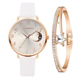 Ladies Quartz Watch Bracelet Set (Color: white + bracelet)