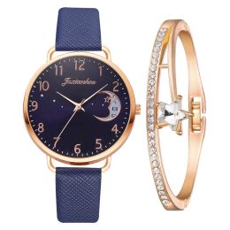 Ladies Quartz Watch Bracelet Set (Color: blue + bracelet)