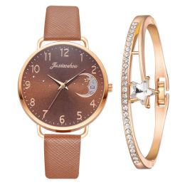 Ladies Quartz Watch Bracelet Set (Color: brown + bracelet)