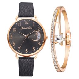 Ladies Quartz Watch Bracelet Set (Color: black + bracelet)