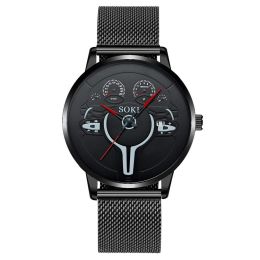 Men's Mesh Strap Vintage Sports Quartz Watch (Color: Black)