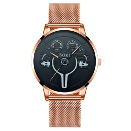 Men's Mesh Strap Vintage Sports Quartz Watch (Color: rose black)