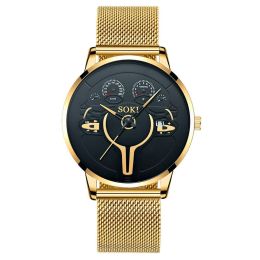 Men's Mesh Strap Vintage Sports Quartz Watch (Color: gold black)