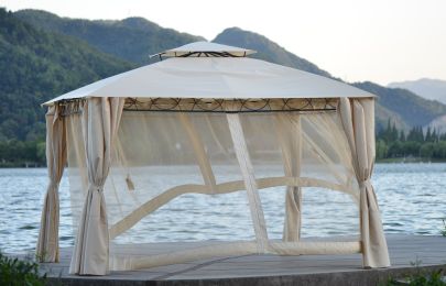 Quality Double Tiered Grill Canopy, Outdoor BBQ Gazebo Tent with UV Protection, Beige (Color: beige)