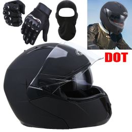 M L XL XXL Adult Helmet Flip up Modular ATV Full Dual Visor Motocross Gloves DOT (size: XL)